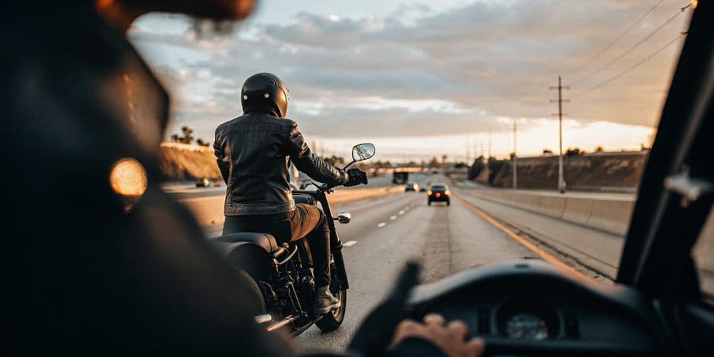 Motorcycle rider alongside traffic on a California highway
