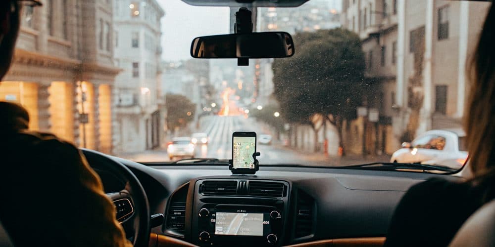 View from inside a rideshare on a city street